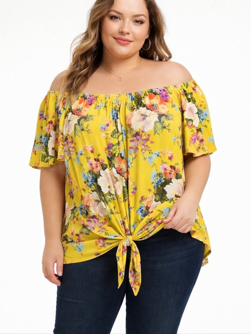 Haptics Floral Yellow Flowy Women's Top With Tie In Front, Size 3x